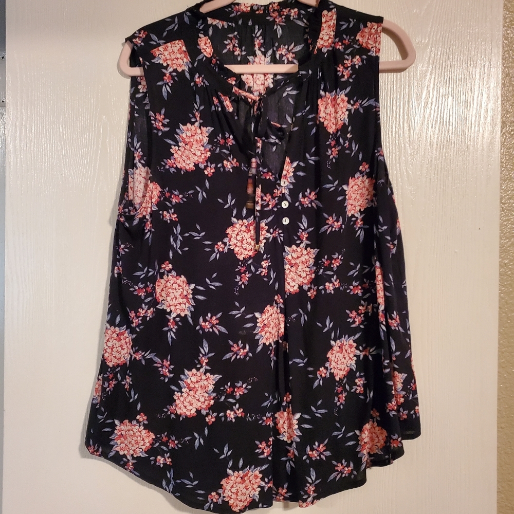 Blouse by Pink Clover, XL, black background with pretty floral print